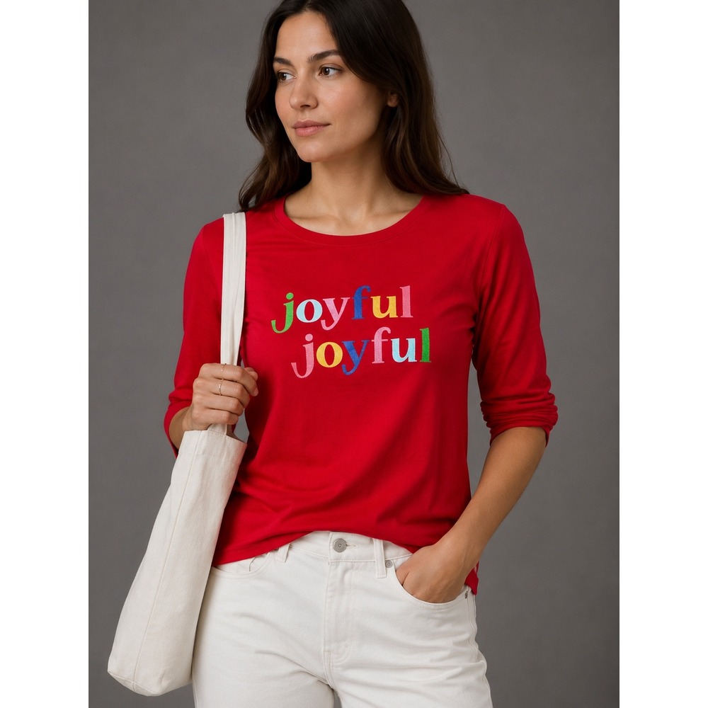 Talbots Womens Red Joyful Joyful Graphic Long Sleeve Cotton Tee Shirt MP Petite